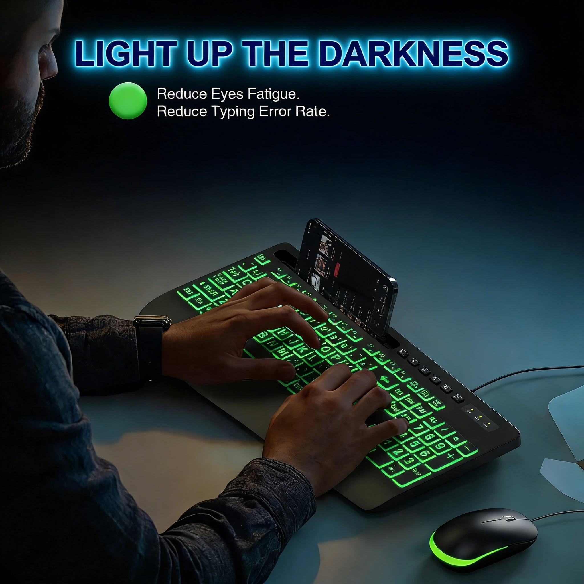 Large Print Wired Backlit Keyboard with 7-Color Backlight, Wrist Rest, Phone Holder, Oversized Keys, USB Plug & Play for PC Laptop Desktop Windows, Black