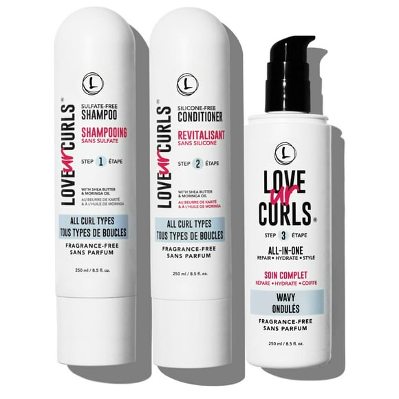 Love Ur Curls Fragrance Free Curly Shampoo and Conditioner Set with All in One Curl Cream Styler for Wavy Hair, 3 Step System to Repair, 200 mL