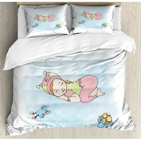 Sweet Dreams Queen Size Duvet Cover Set, Girl Sleeping with Her Toys Teddy Tortoise and Elephant Cartoon Illustration, Decorative 3 Piece Bedding Set with 2 Pillow Shams, Multicolor, by
