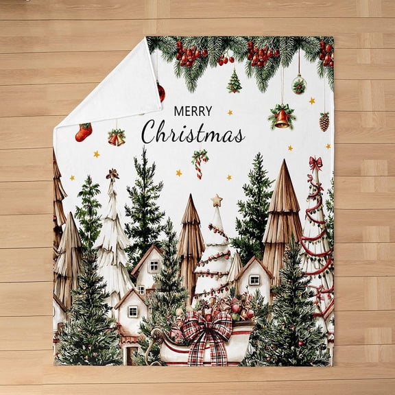 Merry Christmas Fleece Blanket For Couch Bed Winter Holiday Pine Trees And Snow Village Throw Blanket Warm Soft Plush Blanket