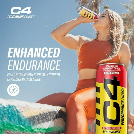 C4 Performance Energy Drink, Strawberry Watermelon Ice, Zero Sugar, Carbonated, 16oz can (12 Pack)