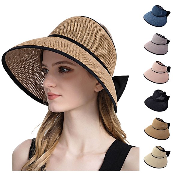 XINPING Women's Oversized Bow Back Straw Sun Visor Hat, Breathable UV Protection Wide Brim Beach Vacation Cap with Adjustable Strap for Summer