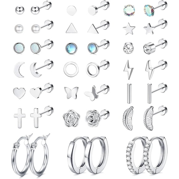 SURJDE 21Pairs Flat Back Stud Earrings for Women Surgical Steel Small Cartilage Helix Earrings Hypoallergenic Star Moon Flatback Earrings Set Zirconia Hoop Earrings Piercing Stud Earrings Se