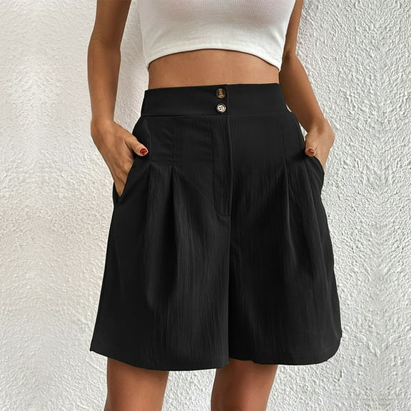 Baqcunre Shorts For Women,Ladies Summer Color Casual Loose High Waist Button Wide Leg Shorts,Womens Fashion,Wide Leg Pants Woman,Pants For Women,Womens Clothes,Black,L