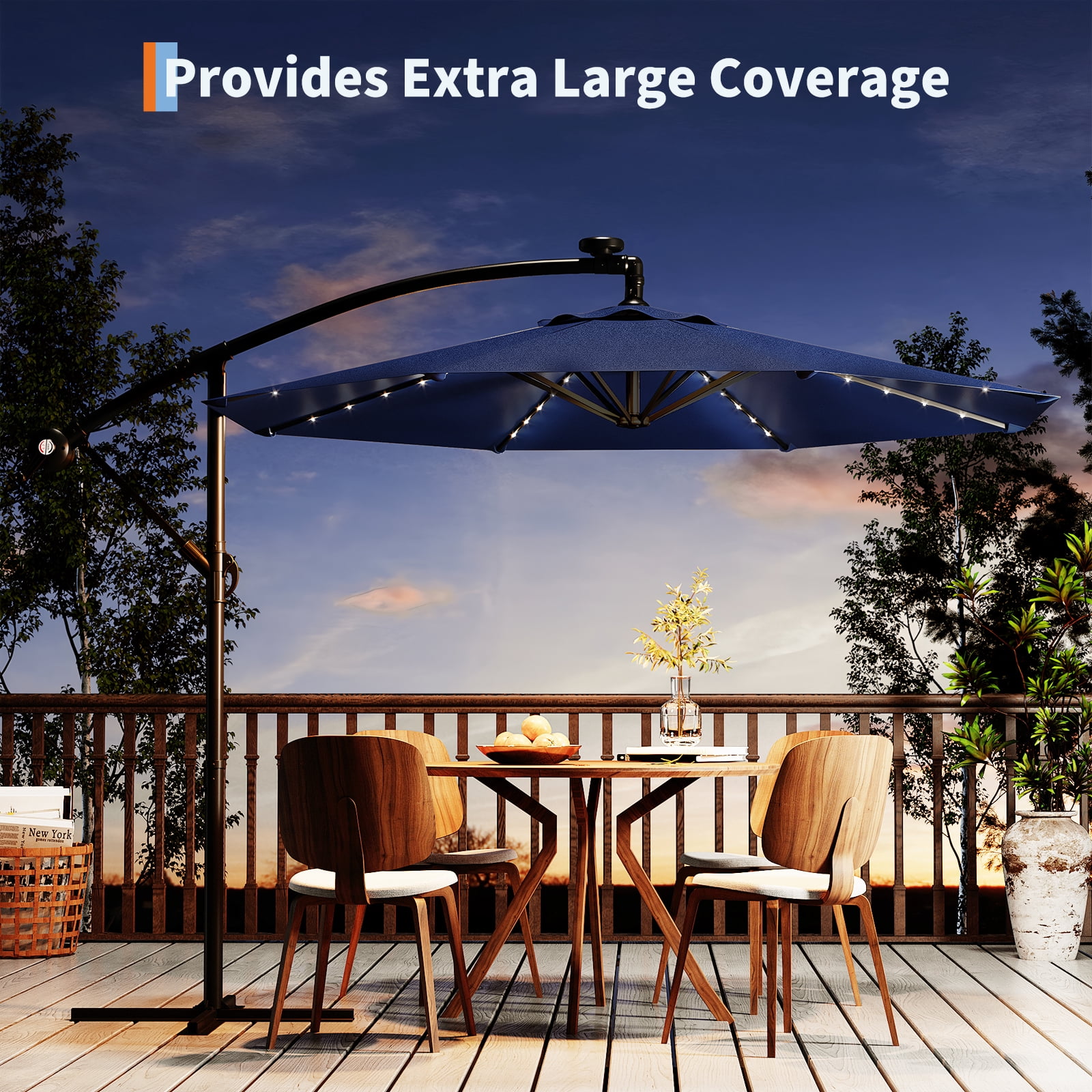 Wildbreak 10 ft Offset Hanging Market Patio Umbrella, with Solar LED, Easy Tilt Adjustment, Blue