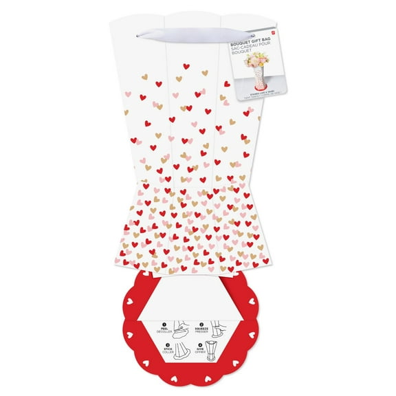 American Greetings 12 in. Valentine's Day Floral Bouquet Vase Gift Bag, Red and Pink Hearts (1-Count)