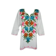Mogul Women's White Tunic Blouse Floral Embroidered Ethnic Indian Long Sleeves Kurti Shirt L