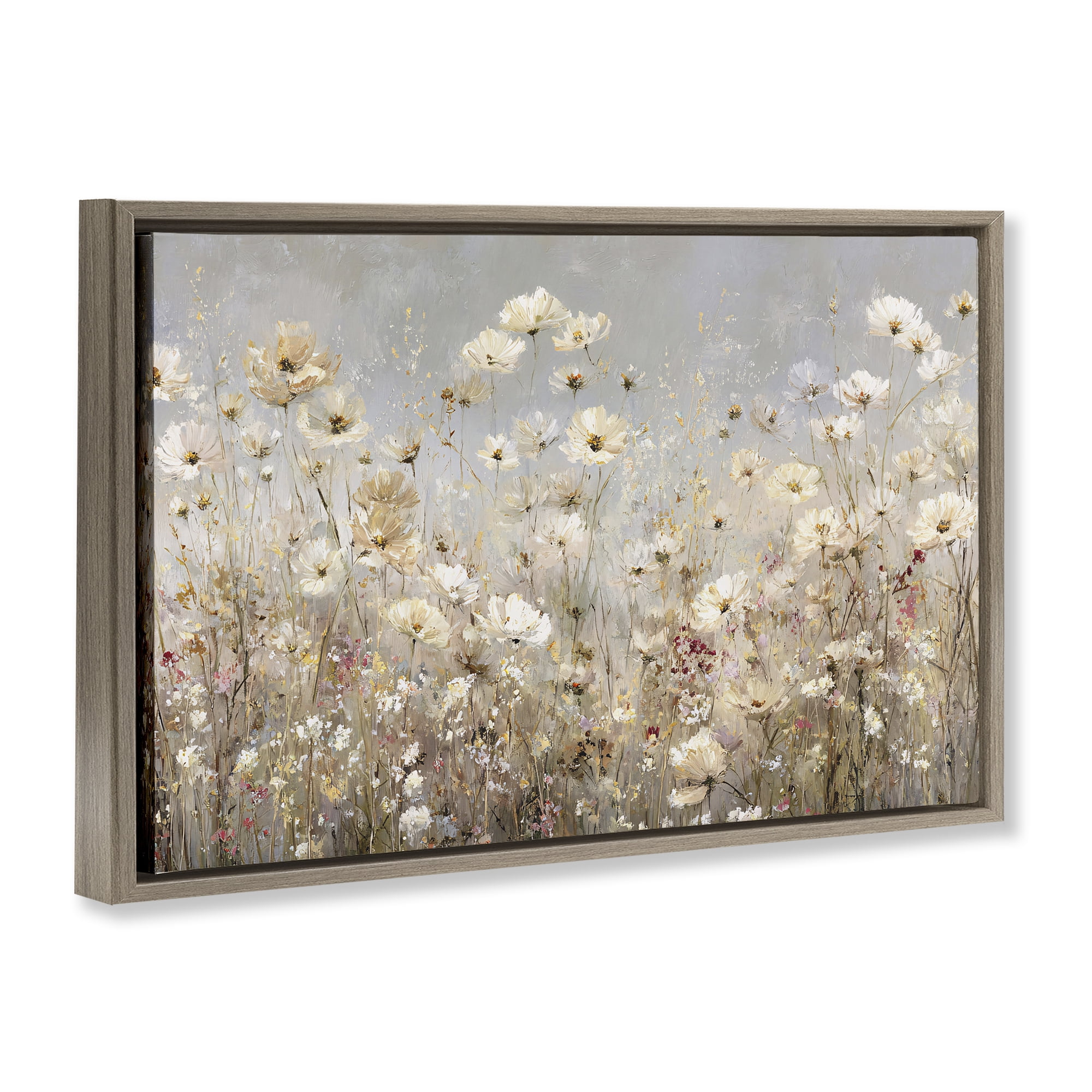 Stupell Industries White Daisy Clusters Meadow Brown Framed Floater Canvas Wall Art, design by Jacky Ngan