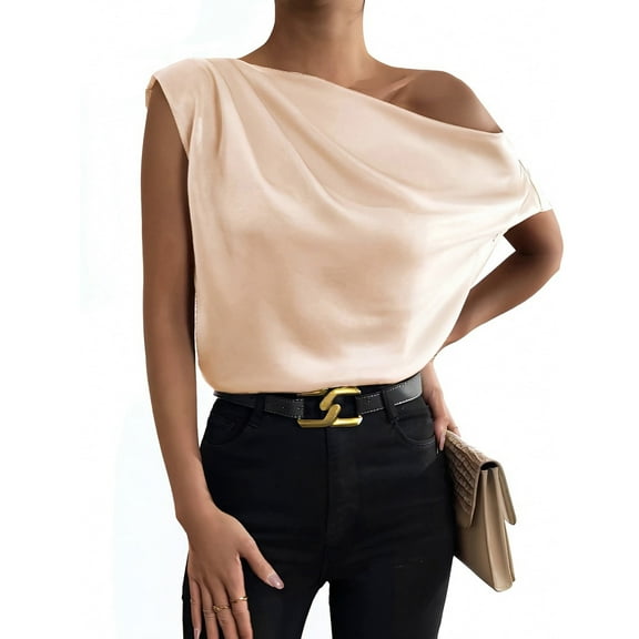 OYOANGLE Women's Satin Off The Shoulder Blouse Asymmetrical Neck Ruched Top Khaki S