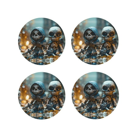 

Drink Coasters Set of 4 Cute Skeletons Figurines Leather Coasters for Coffee Table Protector Heat Resistant Cute Coasters for Home Decor Housewarming Gifts Bar Kitchen 4 Inch Round Shape