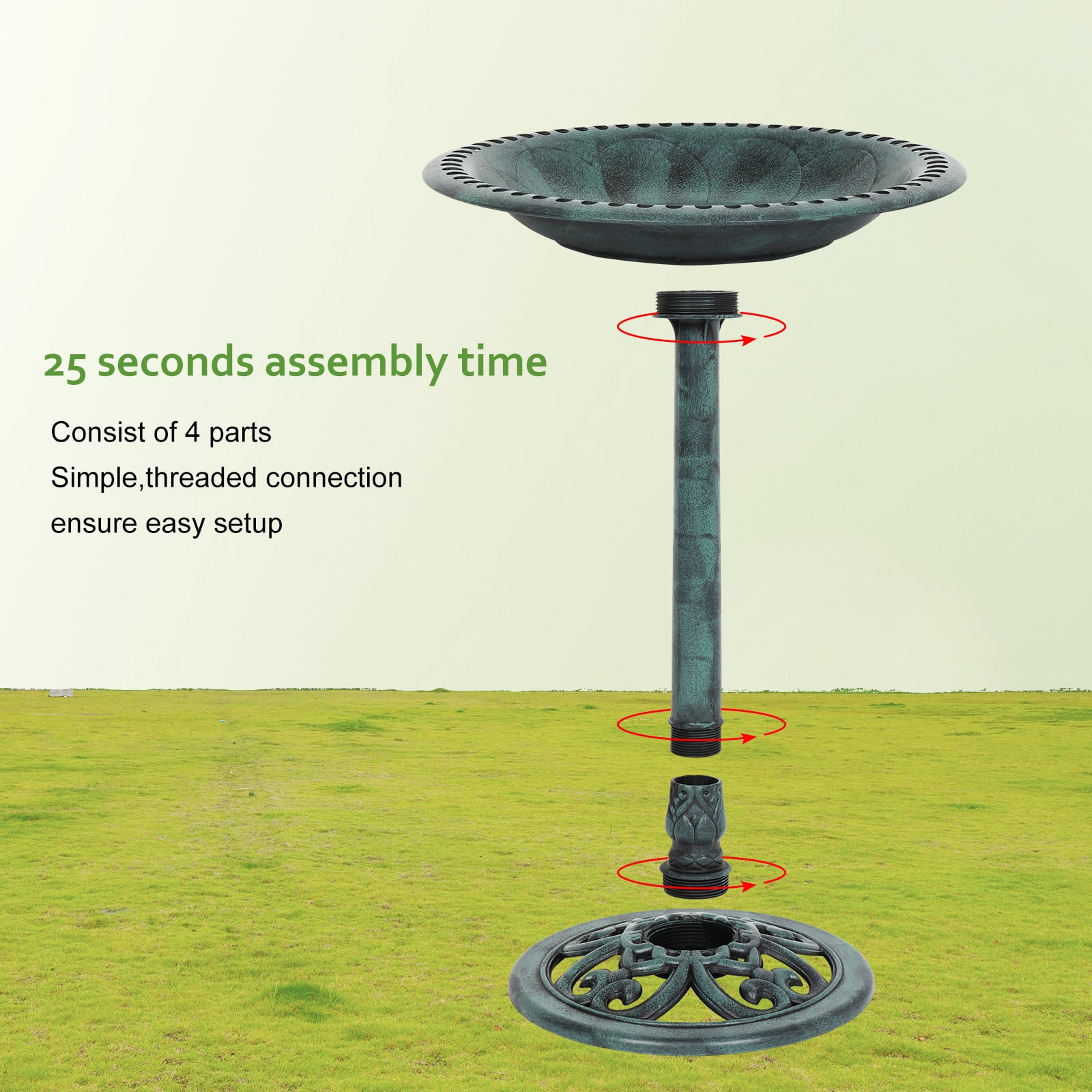 VINGLI Pedestal Bird Bath 28 Inch Antique Green Resin Birdbaths Vintage Garden Decor for Outdoor Lightweight