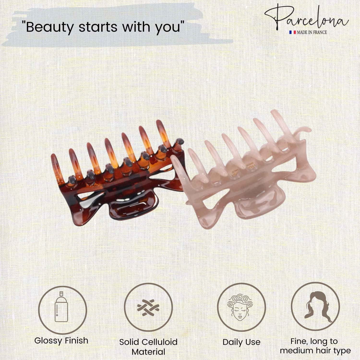 Parcelona French Classic 3" Medium Celluloid Hair Claws for Women & Girls (2Pcs) (TortoiseShell-Savana)