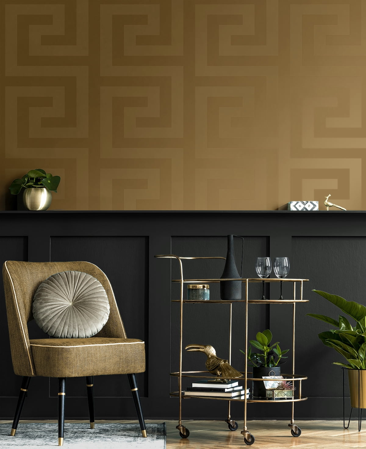 NextWall Dark Antique Gold Geometric Maze Peel and Stick Wallpaper - 20.9 in. W x 18 ft. L Roll