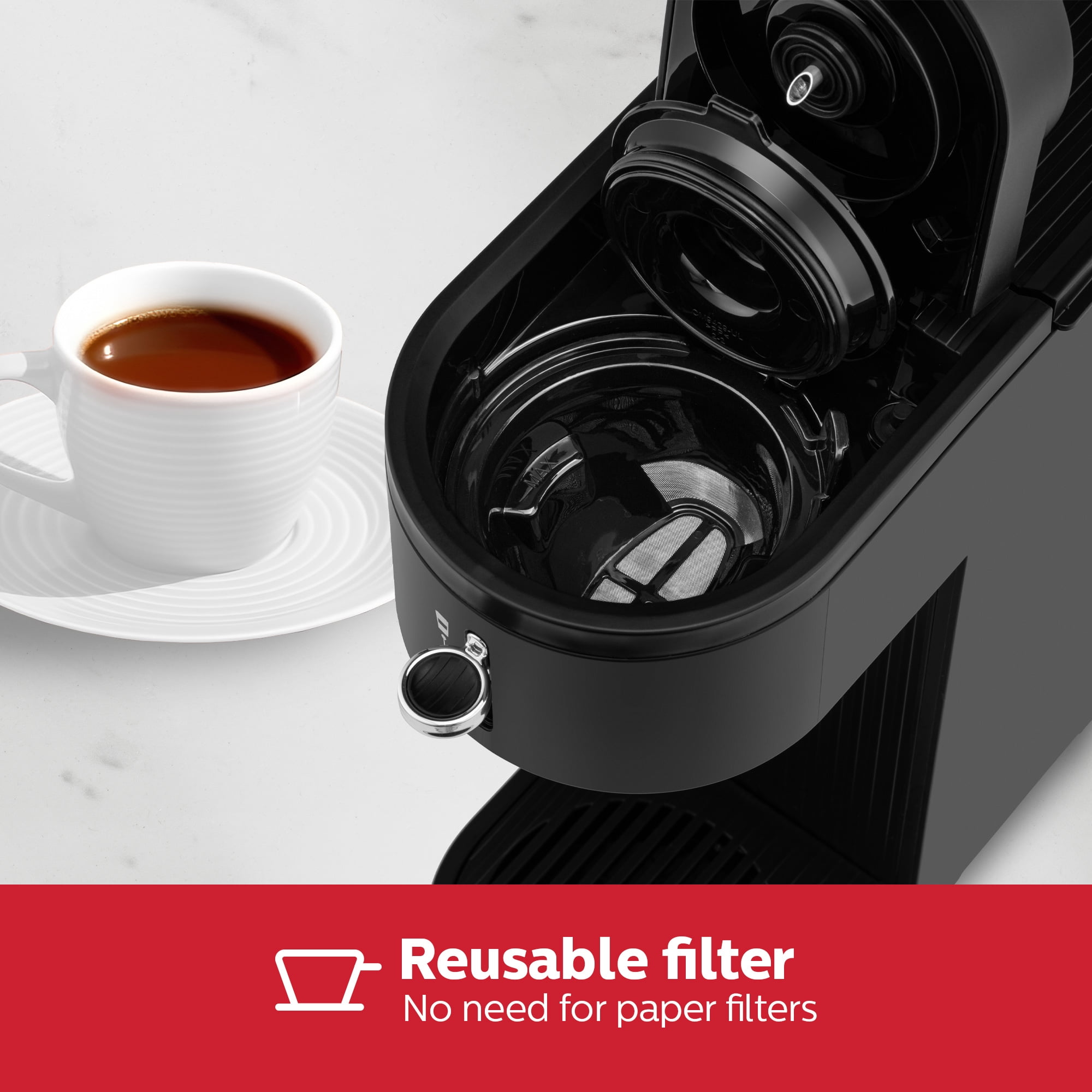 Holstein Housewares 2-In-1 Single Serve Pod and Ground Coffee Maker, Compact Dual Brew Machine with Reusable Mesh Filter, Fits Small Cups and Large Mugs, Space-Saving Design, 14 oz Water Tank
