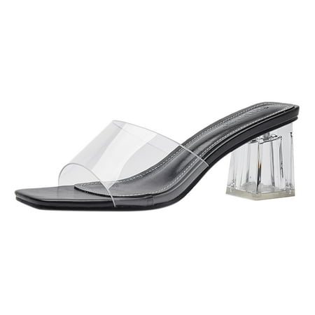 

Ladies Summer Fashion High Heels Transparent Square Head Simple Solid Color Non Slip Elegant Outside Wear Slippers Sandals