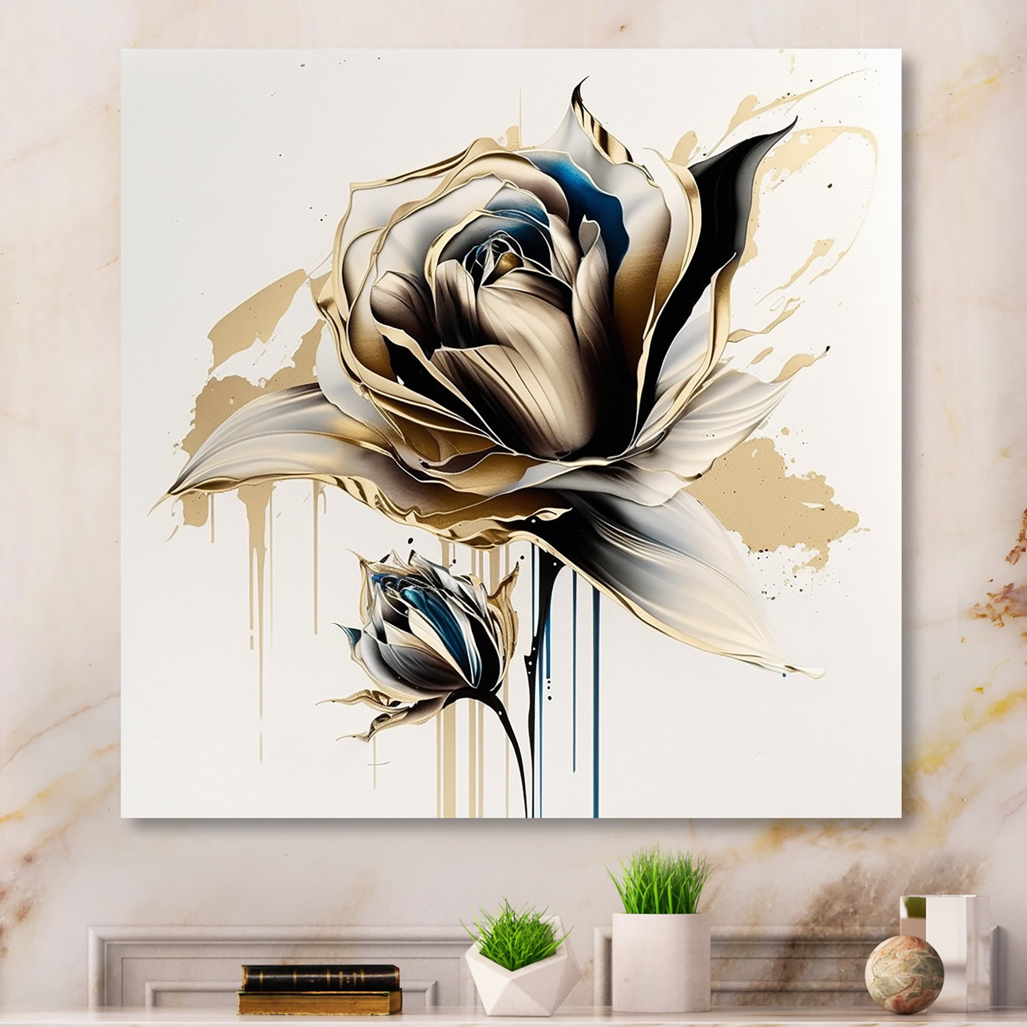 Designart Roses Flow Flower On Golden Beige Paint II Canvas Wall Art