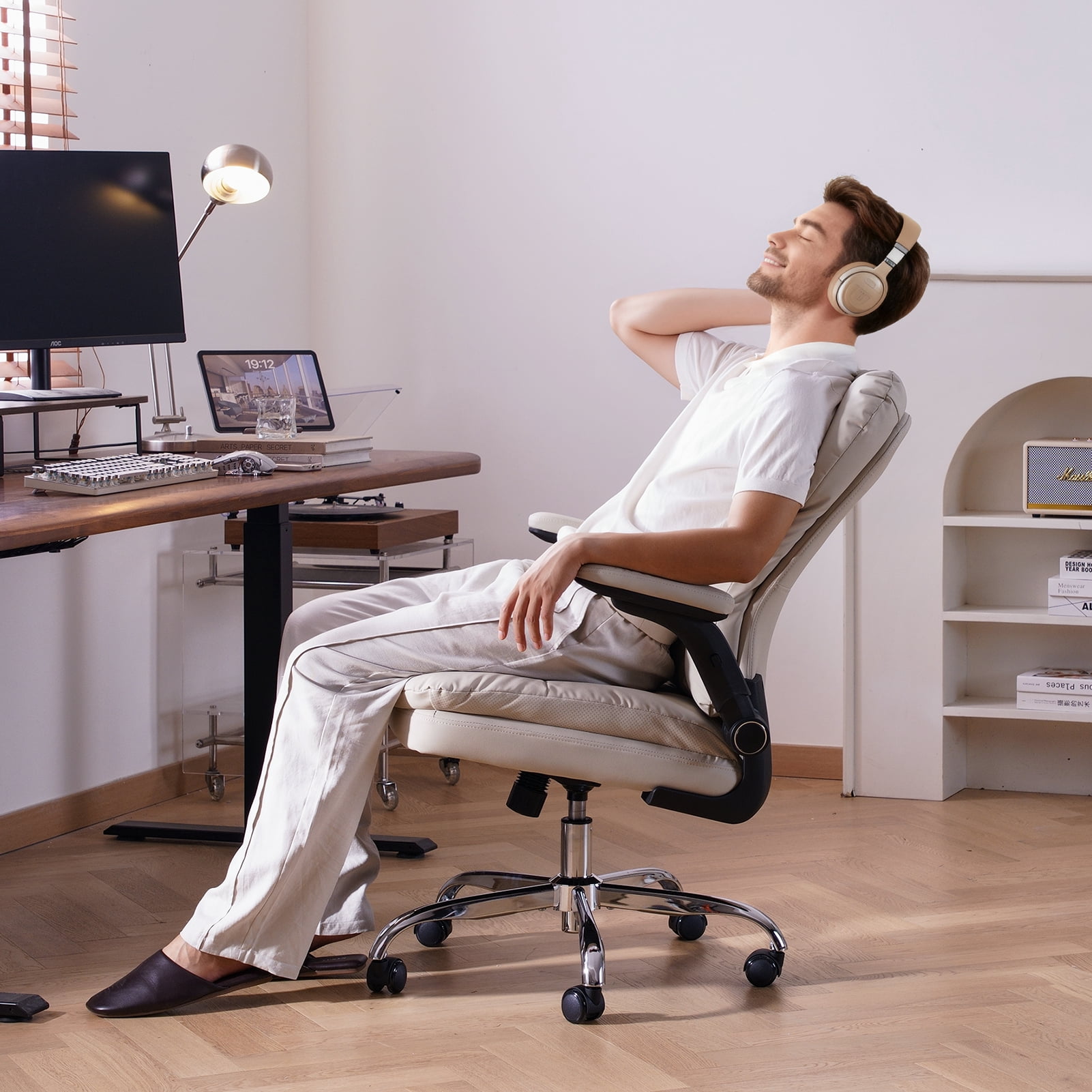LEAGOO Ergonomic Executive Office Chair, Mid Back Comfy Desk Chairs with 3D Padded Flip-up Arms, Faux Leather Computer Rolling Chair with Wheels for Home, Adjustable Height, 300lbs, Beige