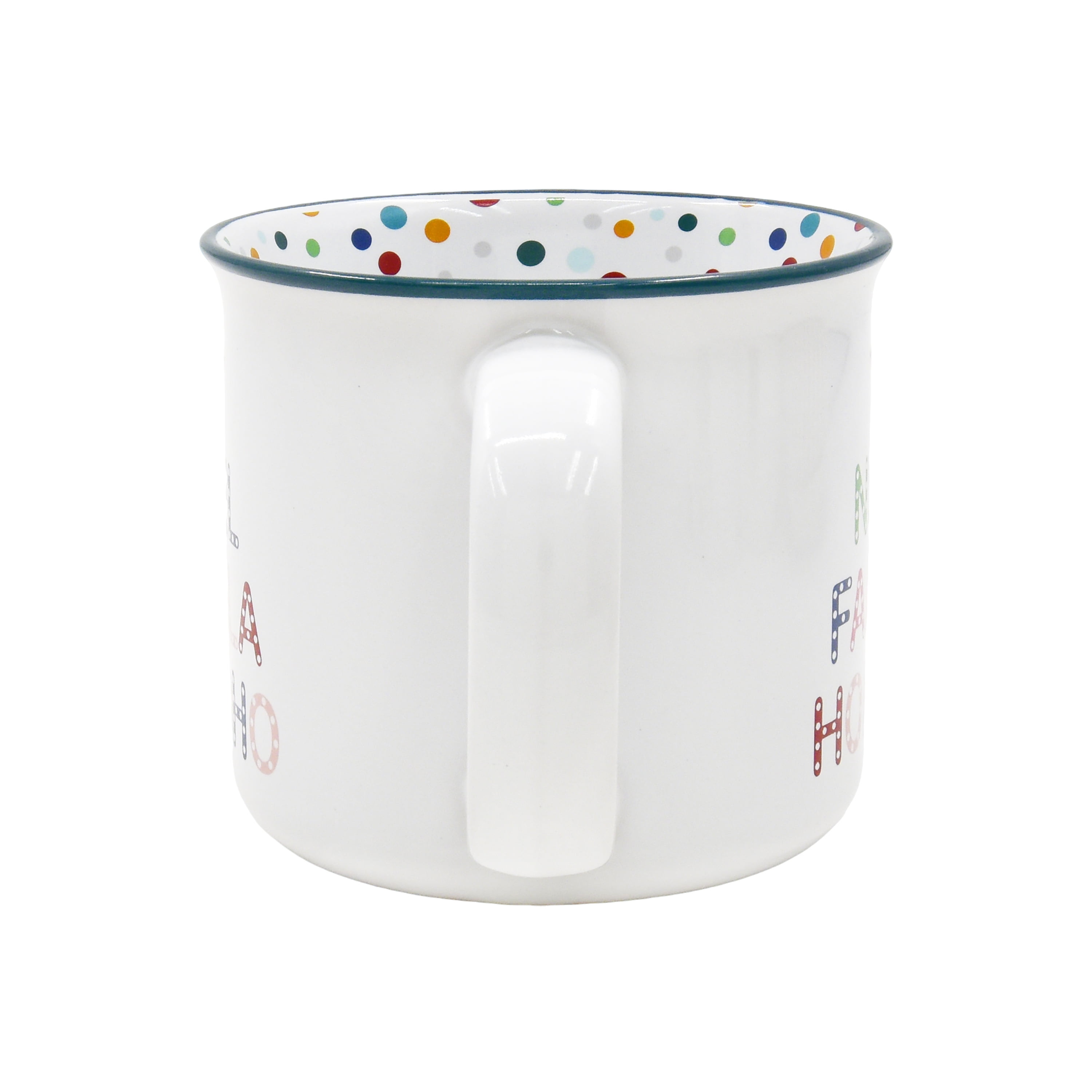 Tasse festive en grès Holiday Time de 15 onces avec inscription « NOEL FALALA HOHOHO » et bord bleu À Pois