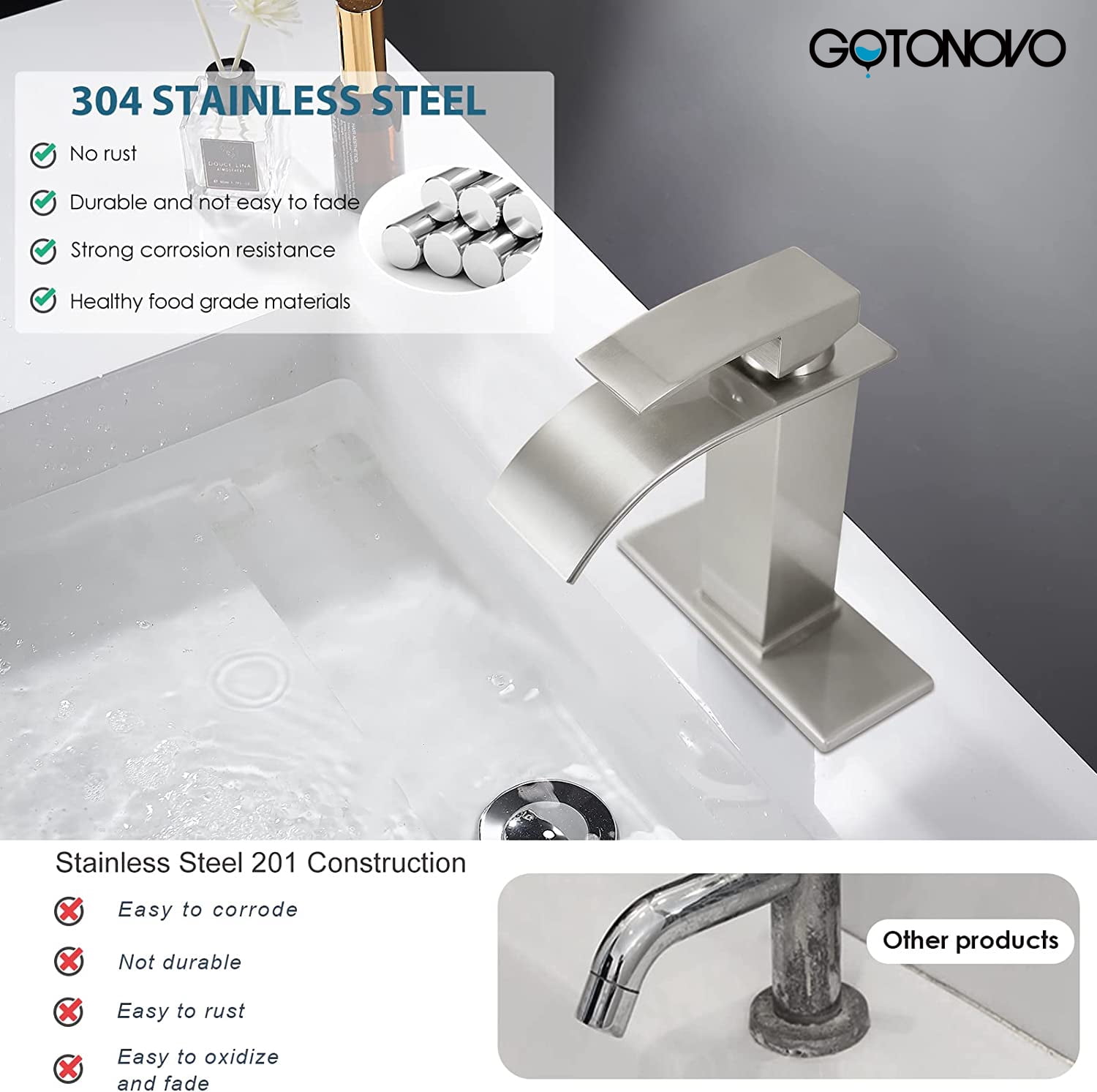 gotonovo Brushed Nickel Bathroom Sink Faucet Waterfall Spout Single Handle 1 Hole Deck Mount Mixer Tap Lavatory Vanity Sink Faucet Commercial with Deck Plate and Pop Up Drain