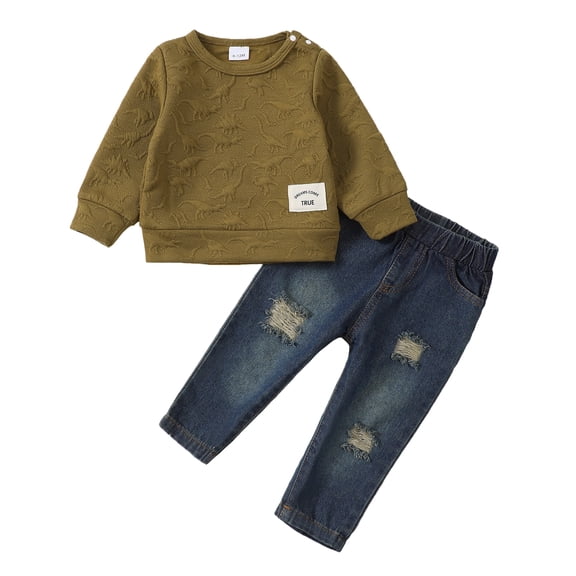 12 Months Baby Boy Outfits 18 Months Boys Fall Winter Clothes Toddler Boys Long Sleeve Round Neckline Top Jeans Pants 2PCS Set Green