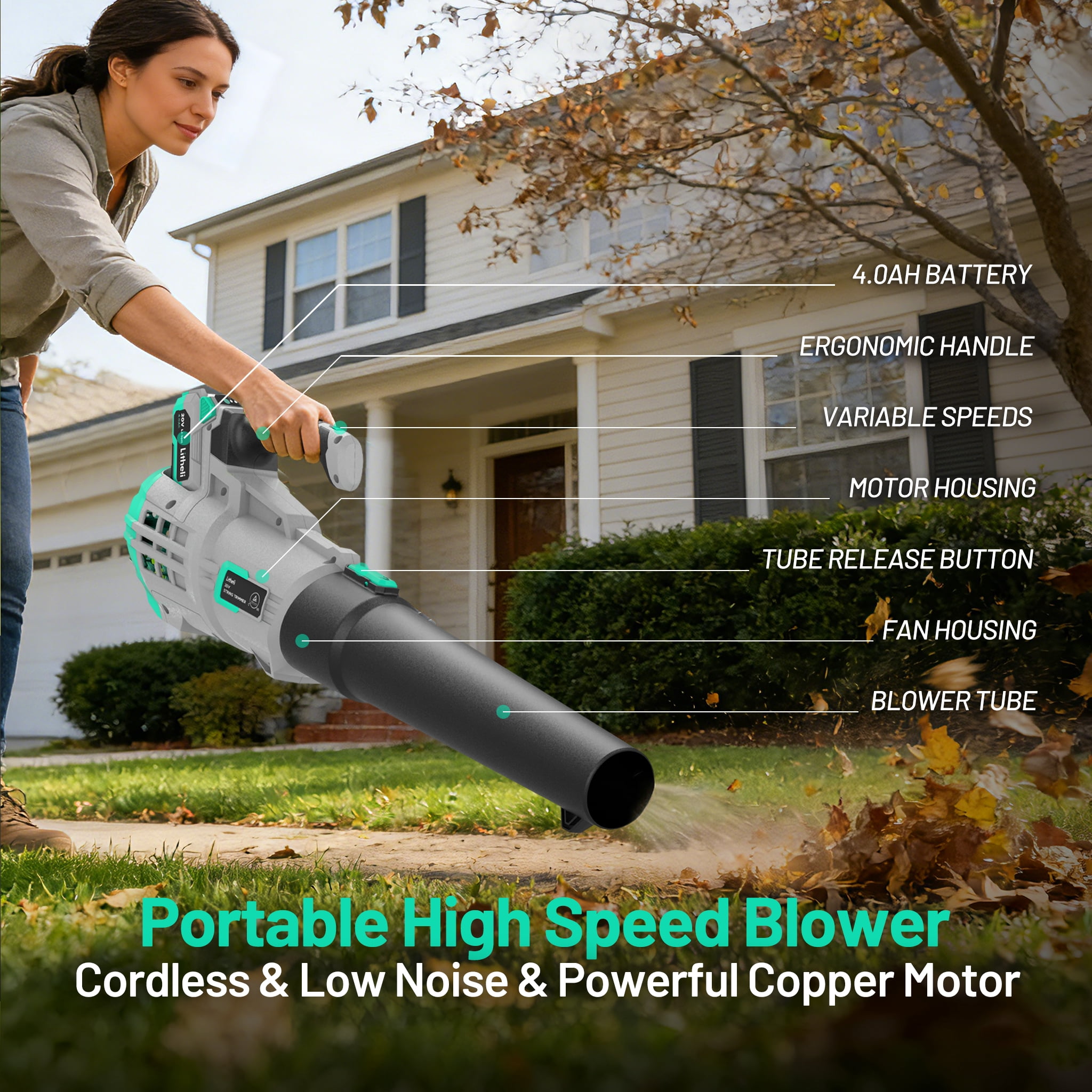 Litheli 20V Cordless Leaf Blower 350CFM 2-Speed Turbine Electric Blowing Leaf for Lawn Yard Road Car, with 4.0Ah Battery & Charger