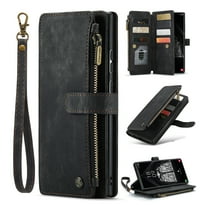 for Google Pixel 8 Case, Wallet Case with Card Holder Kickstand Magnetic Zipper Pocket Lanyard Strap Wristlet,Leather Flip Case Wallet for Google Pixel 8, Black