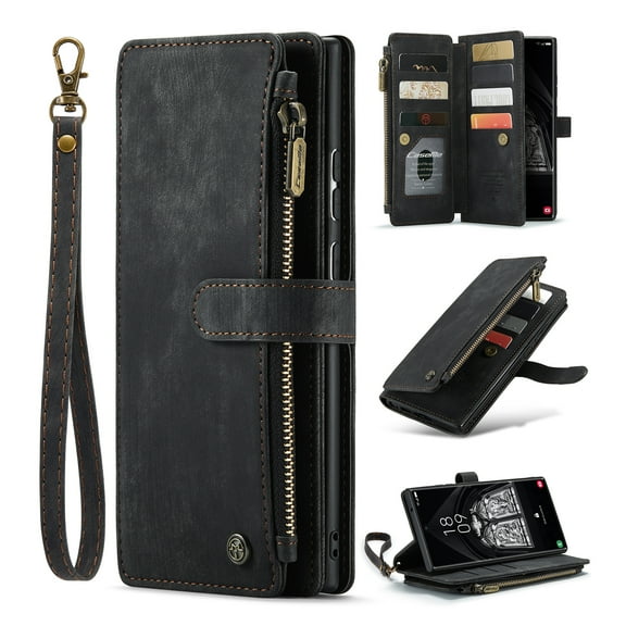 for iPhone 15 Pro Max Case, Wallet Case with Card Holder Kickstand Magnetic Zipper Pocket Lanyard Strap Wristlet,Leather Flip Case Wallet for iPhone 15 Pro Max, Black