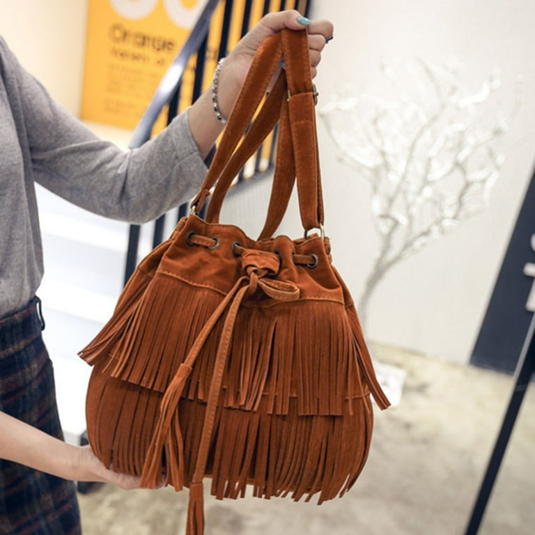 Brown fringe on sale bucket bag