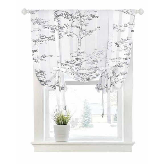 Grey Branches Forest Tie Up Curtains for Window, Thermal Insulated Balloon Shade Adjustable Rod Pocket Curtains Valance Panels for Kitchen Bathroom Cafe 52 x 63 Gray Leaves Striped