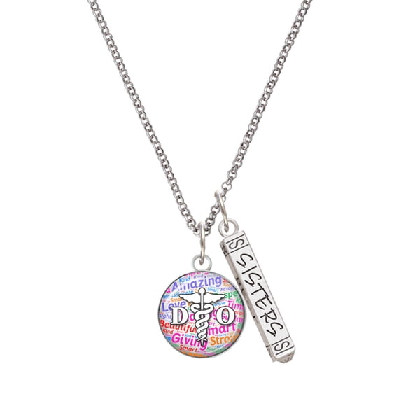 Delight Jewelry Silvertone Domed Multi Color DO Silvertone Sisters Best Friends Forever Bar Charm Necklace, 23"