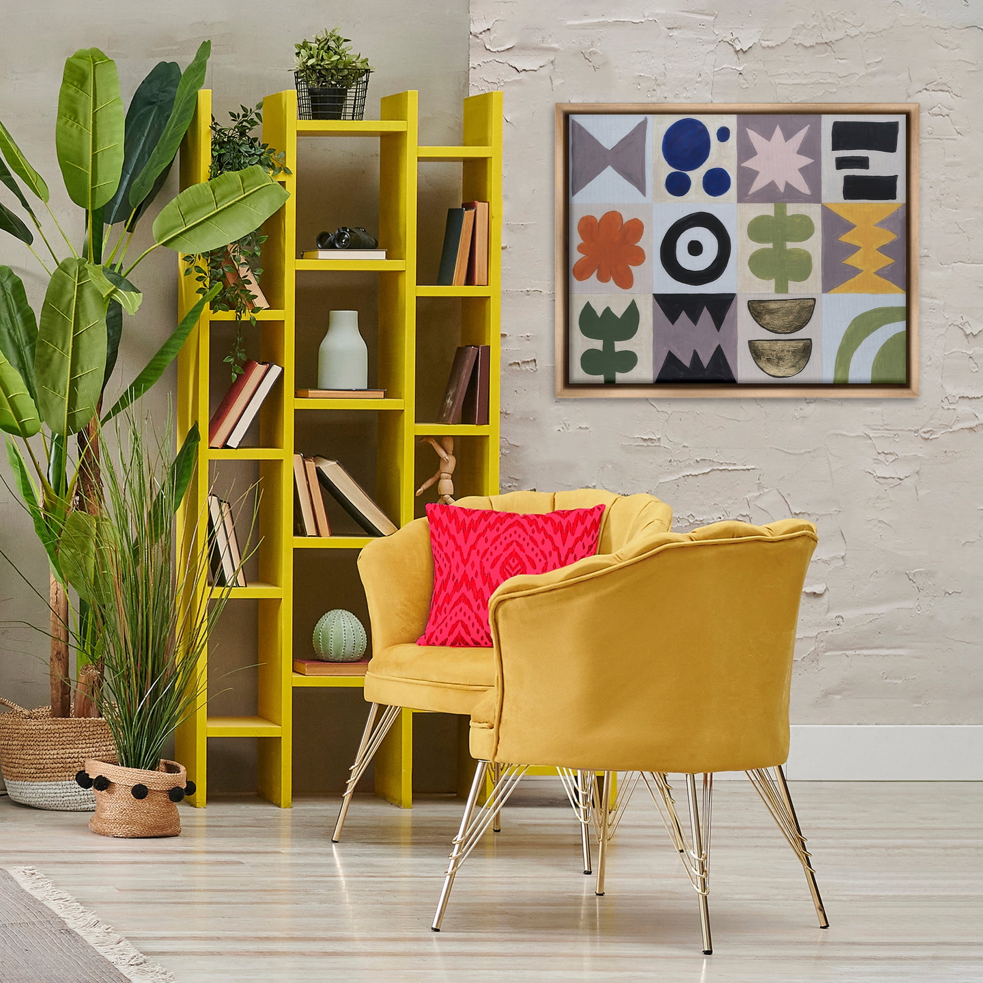 Stupell Industries Contemporary Tulips & Shapes Abstract Painting Brown Floater Framed Canvas Art Print Wall Art, 31 x 25