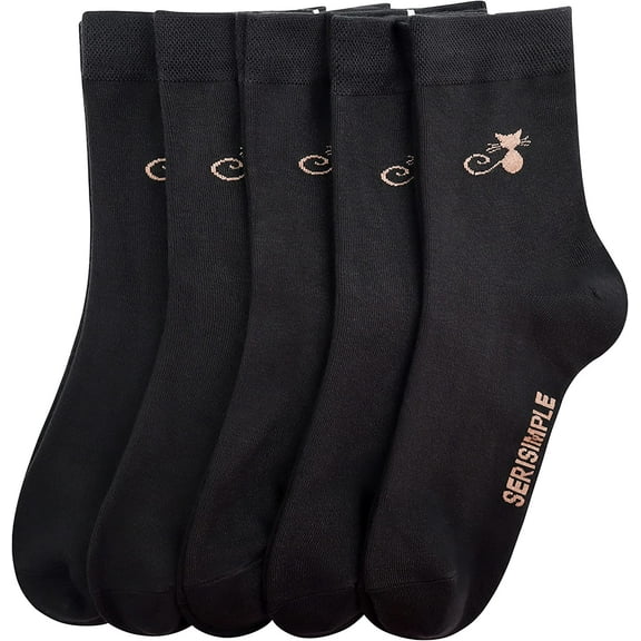 SERISIMPLE Women Thin Ankle Socks Bamboo Crew Lightweight Soft Breathable Socks 5 Pairs (Gold Cat, Medium)