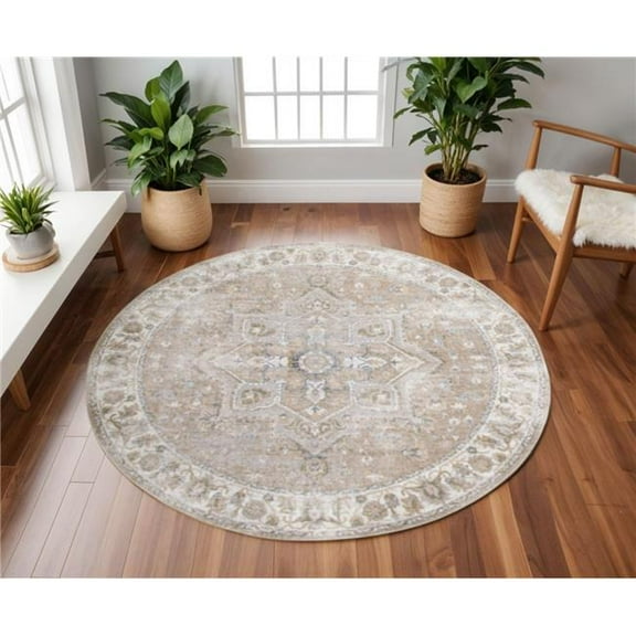 HomeRoots 532914 8 ft. Beige Tan & Blue Floral Medallion Distressed Washable Round Rug