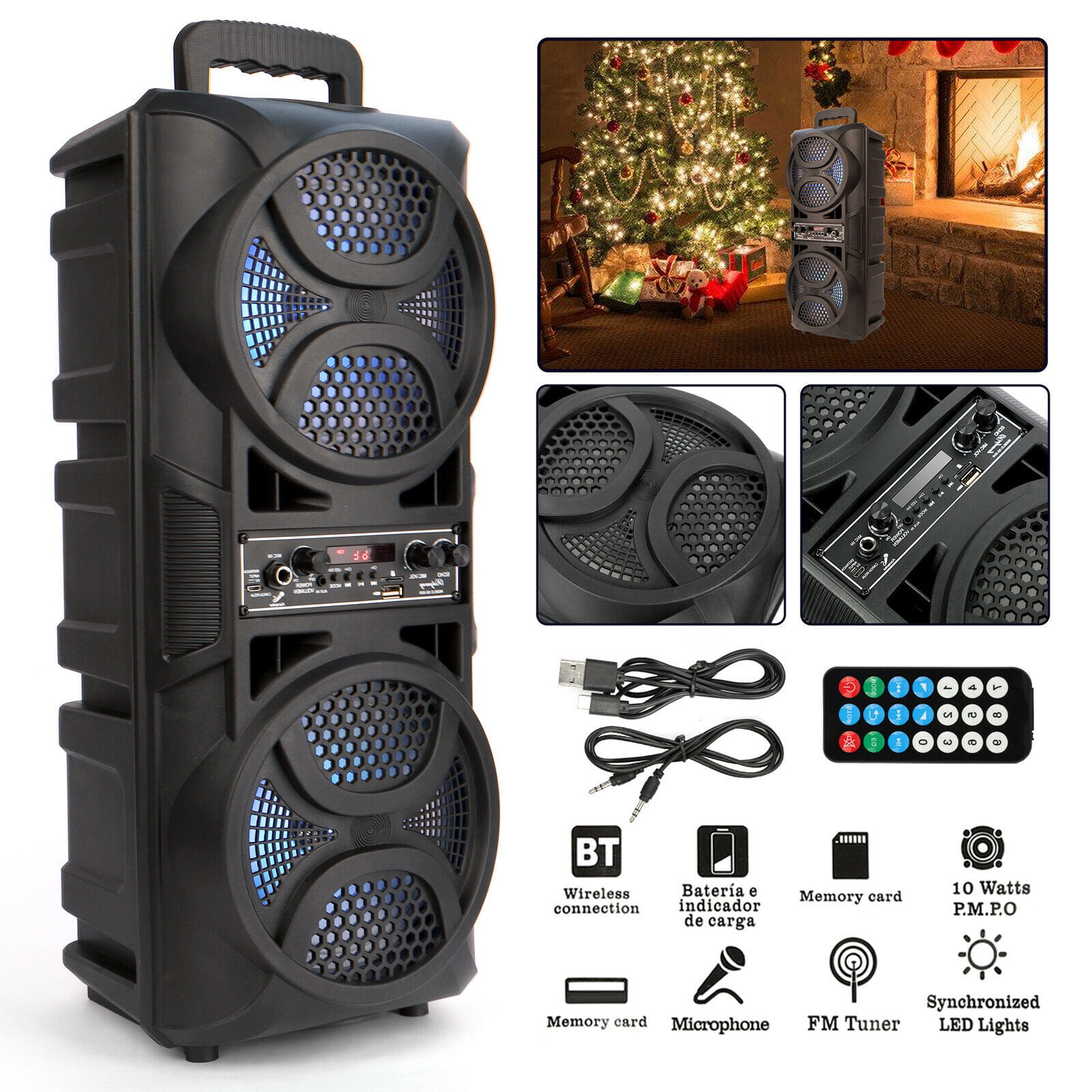 Dual 6.5" Portable Party FM Bluetooth Speaker Audio Stereo w/ Remote LED Lights