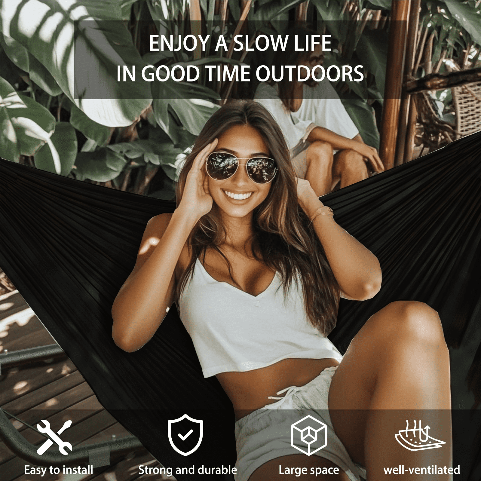 Yacona Hammock with Stand for Outside, Heavy Duty Steel Hammocks with Pillow for Backyard, Porch, Patio, Garden, Black