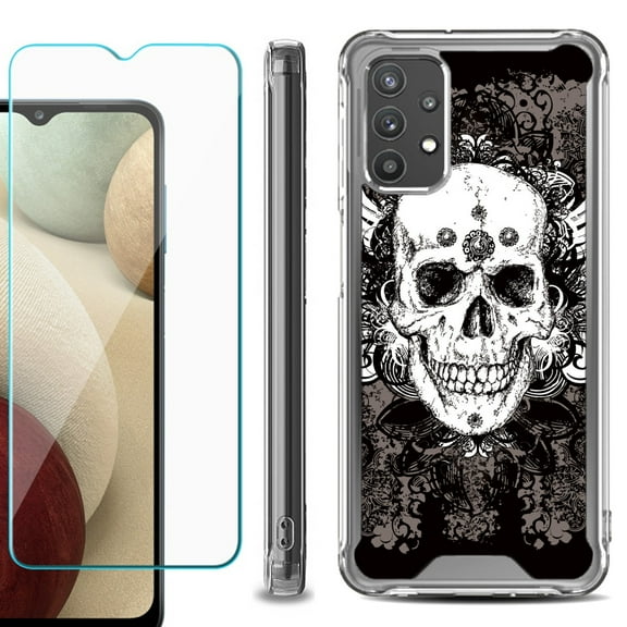 Shockproof Bumper Phone Case for Samsung Galaxy A32 5G, with Tempered Glass Screen Protector, by OneToughShield ® - Grunge Skull