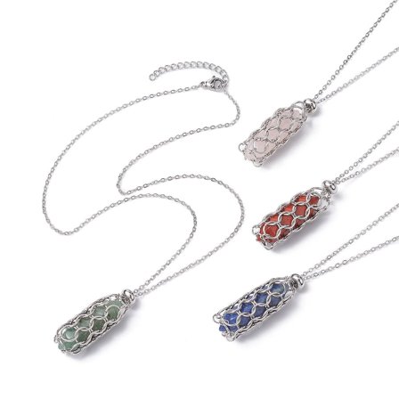 5 pc Natural Mixed Gemstone Bullet Pendant Necklaces 304 Stainless Steel Chains Macrame Pouch Necklace Stainless Steel color 16.93~17.44 inch(43~44.3cm)
