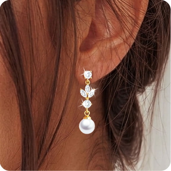 APSVO 18K Gold Plated Drop Earrings for Women Pearl CZ Lightweight Hypoallergenic Post Dangle Earrings Wedding Birthday Prom Graduation Jewelry Gifts Teen Mom Her Bride Bridesmaid Wife Adults Ideas