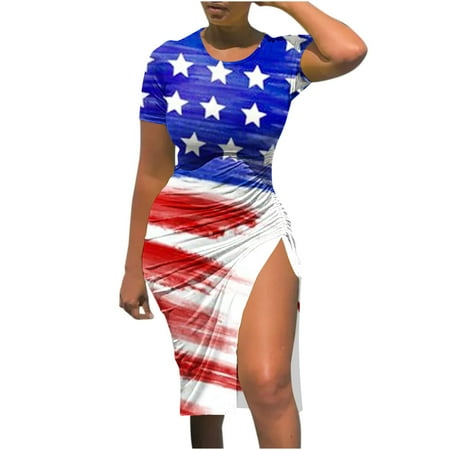 

YanHoo Women s Independence Day Dresses Sexy Short Sleeve Wrap Slit Bodycon Dress Summer Loose Fit Mini Dress