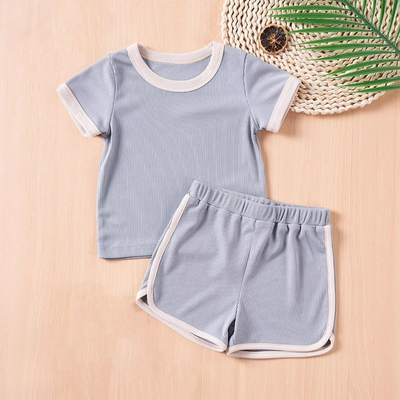 hengsof Boys Girls 2 Piece Summer Outfit Ribbed T-Shirt and Elastic Waist Short Sets Clothing for Kids Ages 1-6 Years
