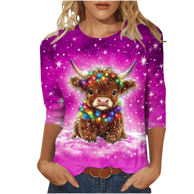 Staron Liquidation Blouses à Manches 3/4 pour Femmes Animaux de Dessin Animé Col Rond Tuniques Hauts Tendance Été Printemps Été Hauts T-Shirts Basiques T-Shirts
