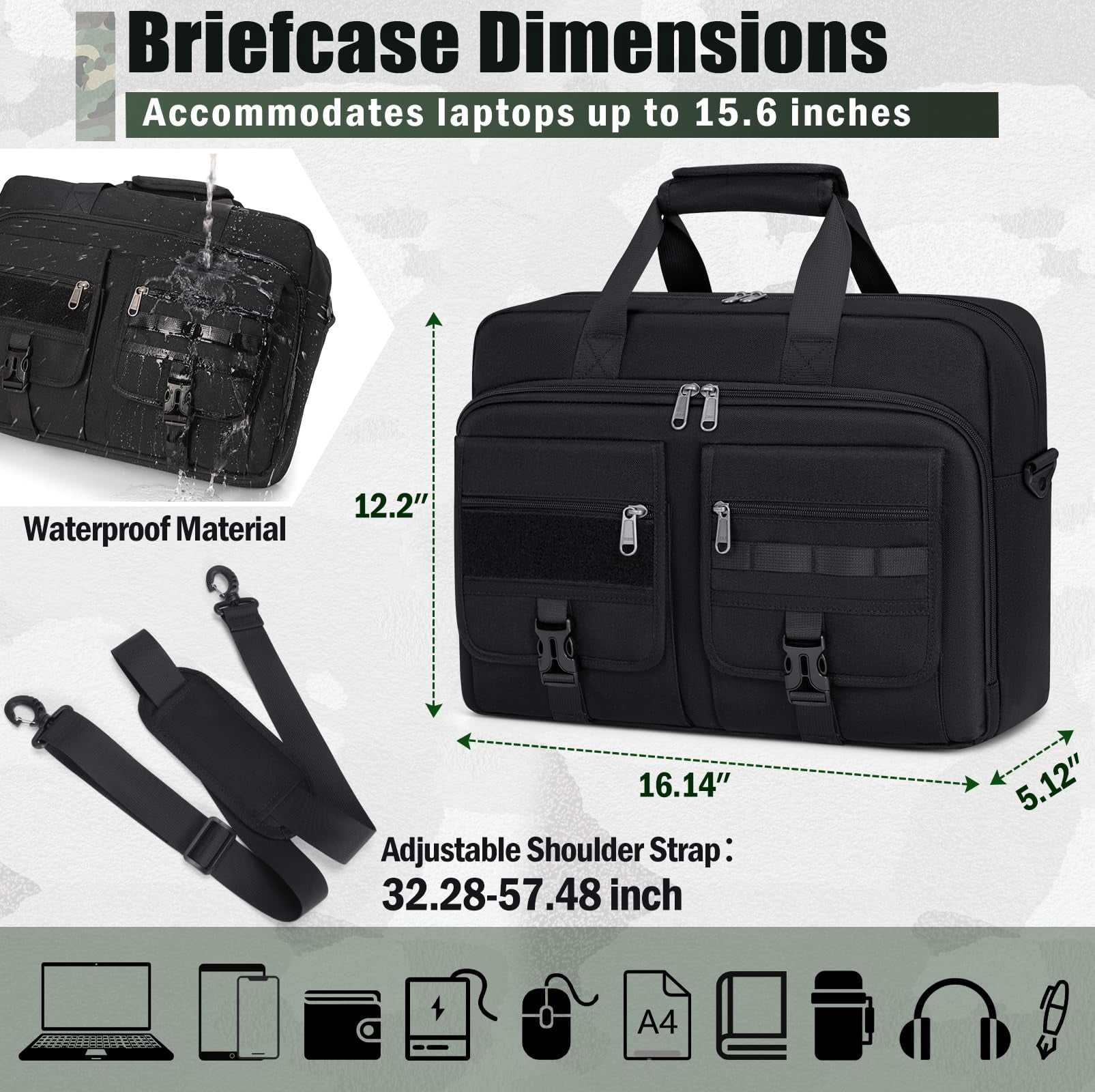 RAINSMORE 15.6 Inch Laptop Bag for Men Messenger Bag Business Laptop Briefcase with MOLLE System Large Travel,Black