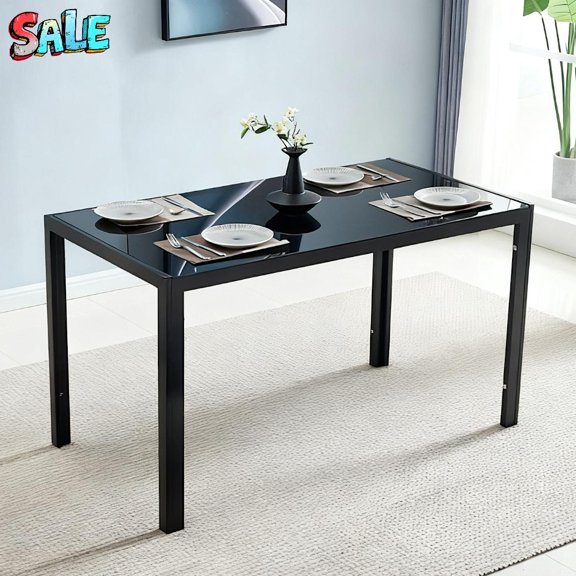 Tcbosik 52.76" Rectangular Glass Dining Table, Tempered Glass Kitchen Table with Metal Legs, Stylish and Sturdy Dinner Table for Home and Outdoor Dining (Black)