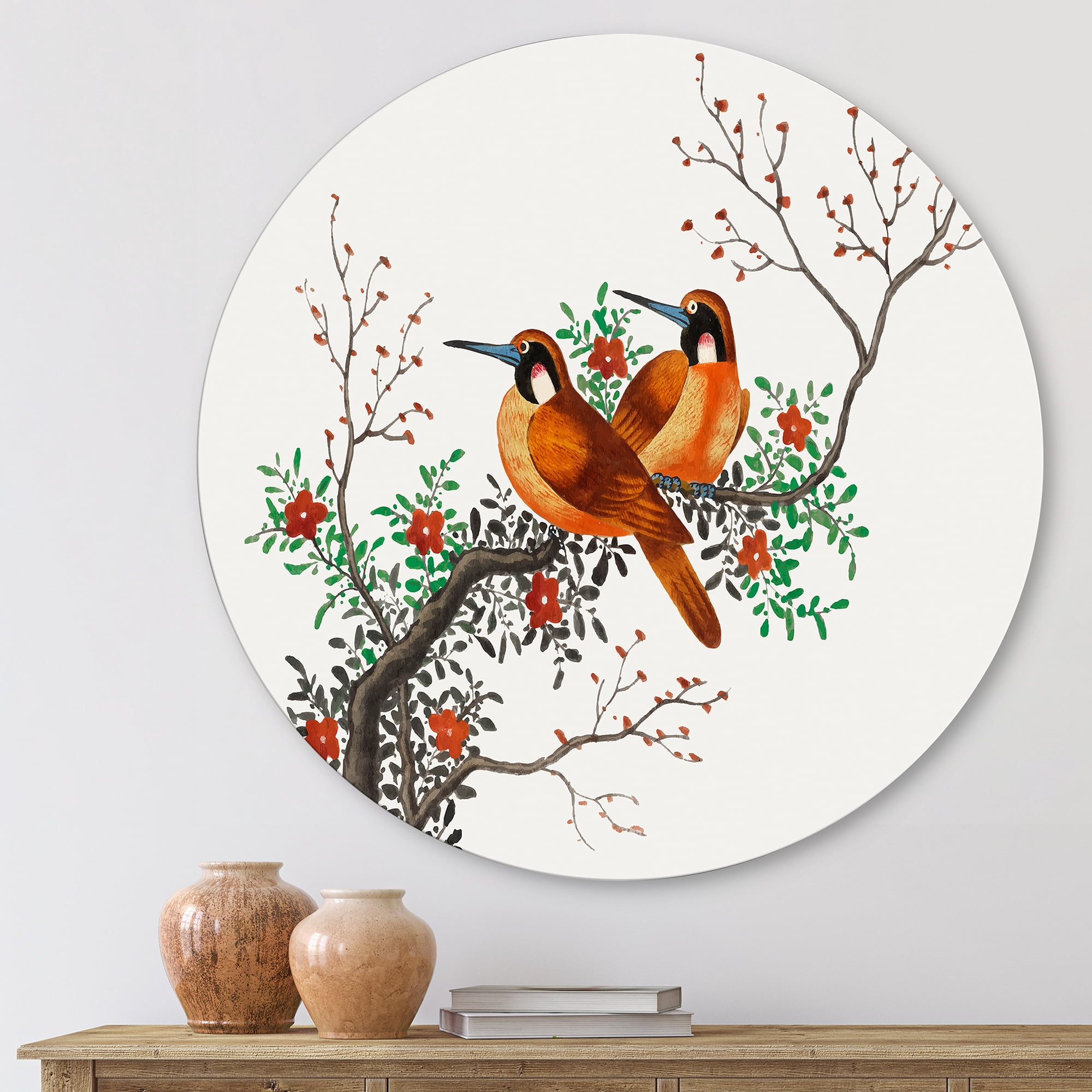 Designart 'A Flowering Tree Branch With Two Chinese Birds' Traditional Circle Metal Wall Art 11x11 - Disc of 11