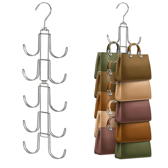 CHICAURA Purse Hanger Closet Organizer, Metal, 360 Rotation, 10 Hooks, 1 Pack Silver