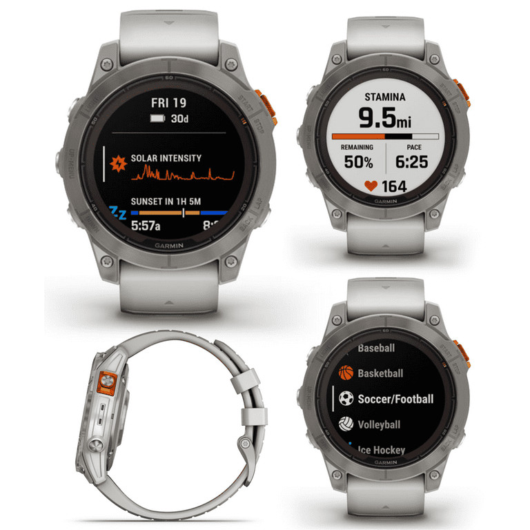 Garmin fenix 7 Pro Solar Sapphire Multisport GPS 47 mm Smartwatch,  Titanium, Fog Gray/Ember Orange with Wearable4U Power Bank Bundle 