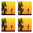 thumbnail image 1 of Summer Coaster Set of 4, Ombre Sunset with Dolphin and Palm Trees Exotic Beach Pattern, Square Hardboard Gloss Coasters, Standard Size, Yellow Orange, by Ambesonne, 1 of 2