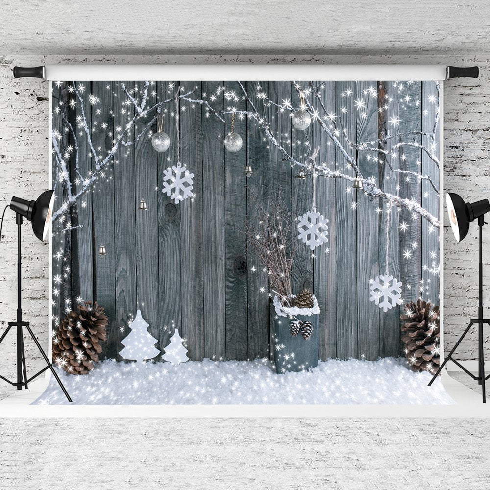 Kackool 5X7FT Snowflake Grey Glitter Christmas Wood Wall Photography Backdrop Xmas Rustic Barn Vintage Wooden Floor Background for Kids Portrait Photo Studio Booth Photographer Props