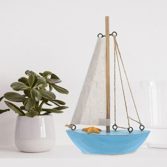 SWETRACE Blue Wooden Sailboat Model Decoration Mediterranean Style Nautical Ornament for Interior