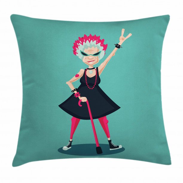 Retirement Party Throw Pillow Cushion Cover Cartoon Character Forever Young Old Lady As A Rebel Rock Fan Illustration Decorative Square Accent Pillow Case 20 X 20 Inches Multicolor By Ambesonne Walmart Com